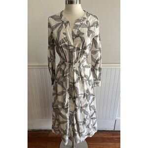 LOFT NWT Long Sleeve Shirt Dress Maxi Gathered Waist Button Up Bow Print Ivory M